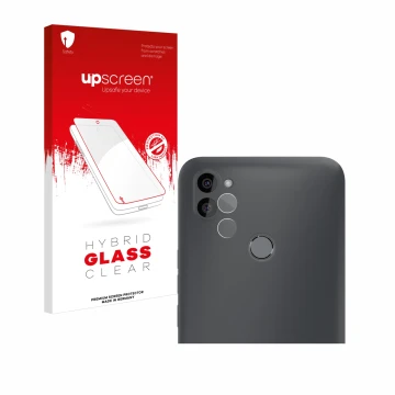 Face avant d’un emballage produit avec le logo de la marque upscreen. À côté, l’appareil Gigaset GS5 Lite (Avant+Caméra) est r