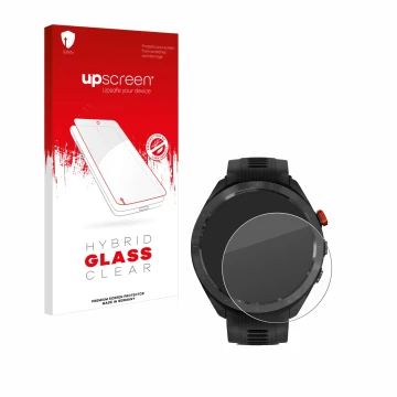 Face avant d’un emballage produit avec le logo de la marque upscreen. À côté, l’appareil Garmin Approach S70 (47 mm) est repré