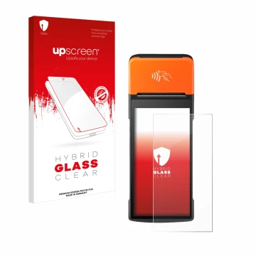 Face avant d’un emballage produit avec le logo de la marque upscreen. À côté, l’appareil Sunmi V2 Pro est représenté avec la p