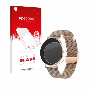 Face avant d’un emballage produit avec le logo de la marque upscreen. À côté, l’appareil Xcoast X-Watch Siona 2 est représenté