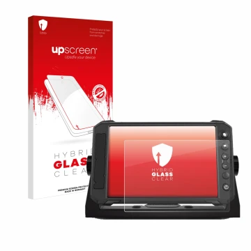 Face avant d’un emballage produit avec le logo de la marque upscreen. À côté, l’appareil Lowrance Elite FS 7 est représenté av