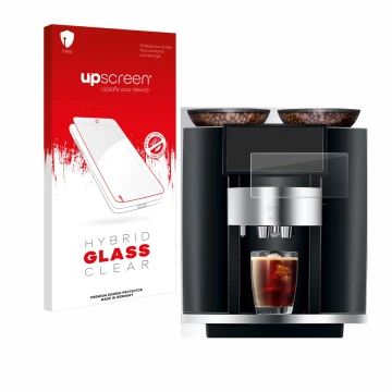 Face avant d’un emballage produit avec le logo de la marque upscreen. À côté, l’appareil Jura Giga 10 est représenté avec la p