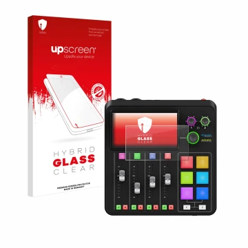 Face avant d’un emballage produit avec le logo de la marque upscreen. À côté, l’appareil Rode Rodecaster Duo est représenté av