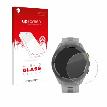 Face avant d’un emballage produit avec le logo de la marque upscreen. À côté, l’appareil Garmin Approach S70 (42 mm) est repré