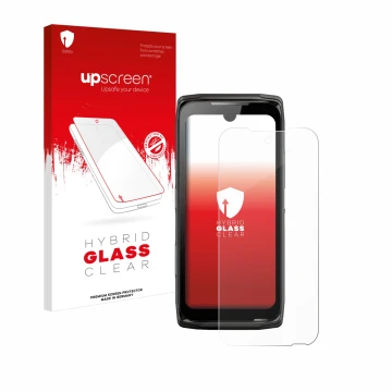 Face avant d’un emballage produit avec le logo de la marque upscreen. À côté, l’appareil Crosscall Core-Z5 est représenté avec