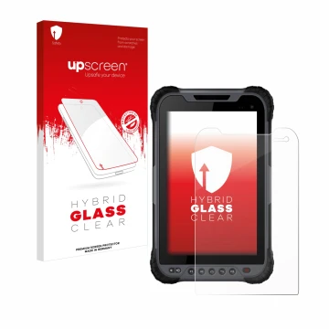 Face avant d’un emballage produit avec le logo de la marque upscreen. À côté, l’appareil Stonex UT32 Rugged Tablet est représe