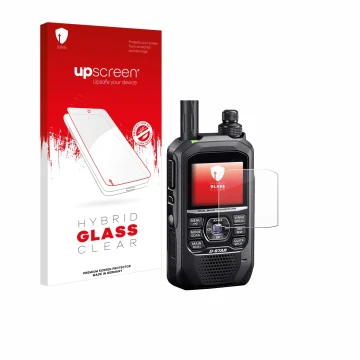 Face avant d’un emballage produit avec le logo de la marque upscreen. À côté, l’appareil Icom ID-50E est représenté avec la pr