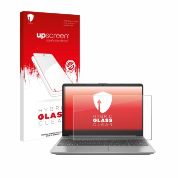 Face avant d’un emballage produit avec le logo de la marque upscreen. À côté, l’appareil HP 250 G9 est représenté avec la prot
