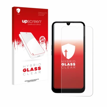 Face avant d’un emballage produit avec le logo de la marque upscreen. À côté, l’appareil Doro 8200 est représenté avec la prot