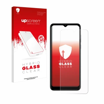 Face avant d’un emballage produit avec le logo de la marque upscreen. À côté, l’appareil ZTE Blade V50 Design 5G est représent