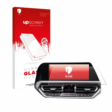 Face avant d’un emballage produit avec le logo de la marque upscreen. À côté, l’appareil BMW 3 G20 2020 est représenté avec la