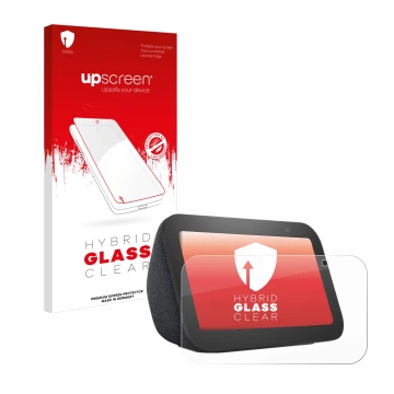 Face avant d’un emballage produit avec le logo de la marque upscreen. À côté, l’appareil Amazon Echo Show 5 (3ème Gen.) est re