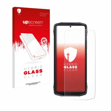 Face avant d’un emballage produit avec le logo de la marque upscreen. À côté, l’appareil Cubot King Kong Star est représenté a