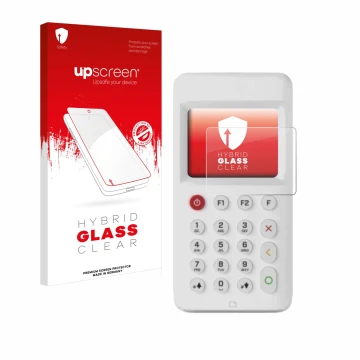 Face avant d’un emballage produit avec le logo de la marque upscreen. À côté, l’appareil myPOS Go 2 est représenté avec la pro