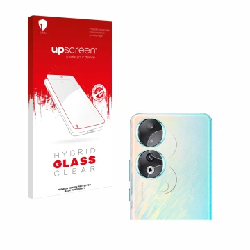 Face avant d’un emballage produit avec le logo de la marque upscreen. À côté, l’appareil Honor 90 (Caméra UNIQUEMENT) est repr
