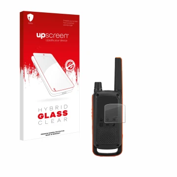 Face avant d’un emballage produit avec le logo de la marque upscreen. À côté, l’appareil Motorola Talkabout T82 est représenté