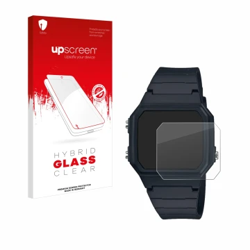 Face avant d’un emballage produit avec le logo de la marque upscreen. À côté, l’appareil Casio W-217H-1AVCF est représenté ave