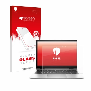 Face avant d’un emballage produit avec le logo de la marque upscreen. À côté, l’appareil HP EliteBook x360 830 G10 est représe
