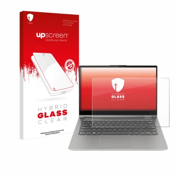 Face avant d’un emballage produit avec le logo de la marque upscreen. À côté, l’appareil Lenovo ThinkBook 14s Yoga G3 est repr