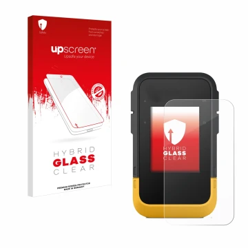 Face avant d’un emballage produit avec le logo de la marque upscreen. À côté, l’appareil Garmin eTrex SE est représenté avec l