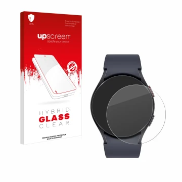 Face avant d’un emballage produit avec le logo de la marque upscreen. À côté, l’appareil Samsung Galaxy Watch 6 (40 mm) est re