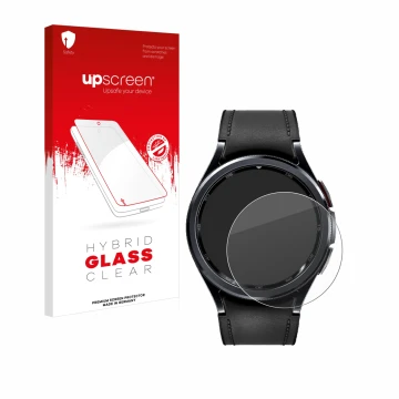 Face avant d’un emballage produit avec le logo de la marque upscreen. À côté, l’appareil Samsung Galaxy Watch 6 Classic (43 mm