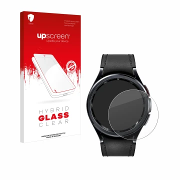 Face avant d’un emballage produit avec le logo de la marque upscreen. À côté, l’appareil Samsung Galaxy Watch 6 Classic (47 mm
