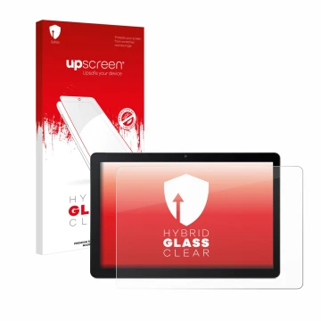 Face avant d’un emballage produit avec le logo de la marque upscreen. À côté, l’appareil Acer Iconia Tab M10 est représenté av