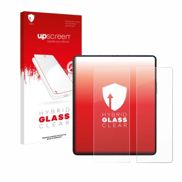 Face avant d’un emballage produit avec le logo de la marque upscreen. À côté, l’appareil Samsung Galaxy Z Fold 5 (Affichage in