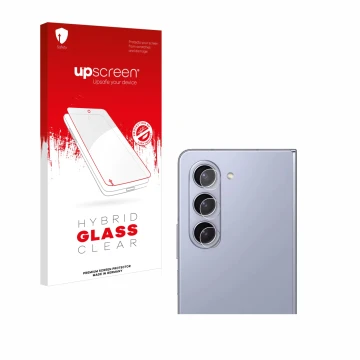 Face avant d’un emballage produit avec le logo de la marque upscreen. À côté, l’appareil Samsung Galaxy Z Fold 5 (Caméra UNIQU