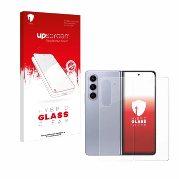 Face avant d’un emballage produit avec le logo de la marque upscreen. À côté, l’appareil Samsung Galaxy Z Fold 5 (Avant+Arrièr