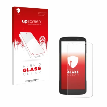 Face avant d’un emballage produit avec le logo de la marque upscreen. À côté, l’appareil Zebra TC22 est représenté avec la pro