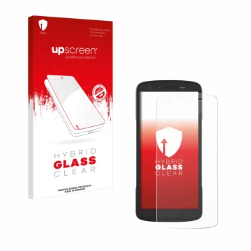 Face avant d’un emballage produit avec le logo de la marque upscreen. À côté, l’appareil Zebra TC27 est représenté avec la pro