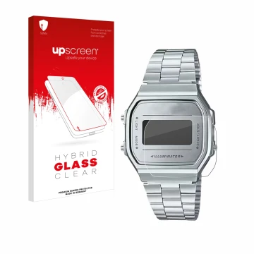 Face avant d’un emballage produit avec le logo de la marque upscreen. À côté, l’appareil Casio A168WEM-7EF est représenté avec