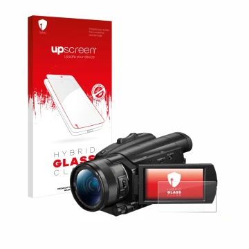 Face avant d’un emballage produit avec le logo de la marque upscreen. À côté, l’appareil Sony FDR-AX700 est représenté avec la