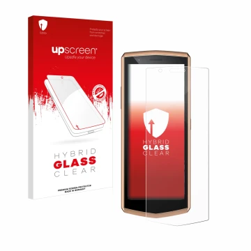 Face avant d’un emballage produit avec le logo de la marque upscreen. À côté, l’appareil Cubot Pocket 3 est représenté avec la