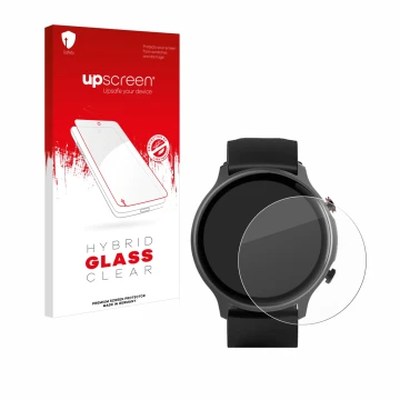 Face avant d’un emballage produit avec le logo de la marque upscreen. À côté, l’appareil Hama Fit Watch 6910 est représenté av