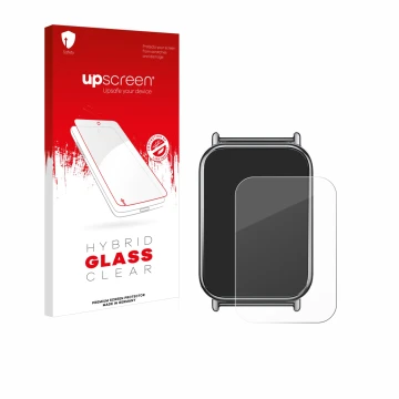 Face avant d’un emballage produit avec le logo de la marque upscreen. À côté, l’appareil Xiaomi Mi Band 8 Pro est représenté a