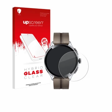 Face avant d’un emballage produit avec le logo de la marque upscreen. À côté, l’appareil Xiaomi Watch 2 Pro est représenté ave