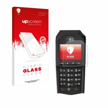 Face avant d’un emballage produit avec le logo de la marque upscreen. À côté, l’appareil ingenico Lane/3000 (non-touch) est re