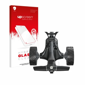 Face avant d’un emballage produit avec le logo de la marque upscreen. À côté, l’appareil Motocaddy M7 GPS Electric Trolley est