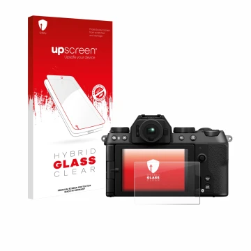Face avant d’un emballage produit avec le logo de la marque upscreen. À côté, l’appareil Fujifilm X-S20 est représenté avec la