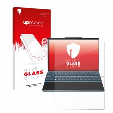 Face avant d’un emballage produit avec le logo de la marque upscreen. À côté, l’appareil Lenovo Yoga Book 9i Gen 8 est représe