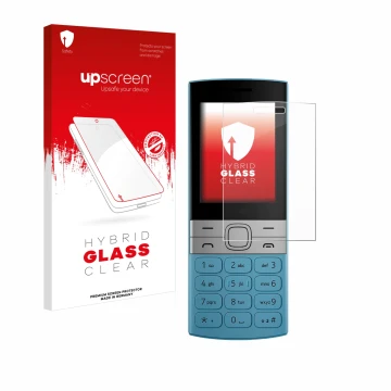 Face avant d’un emballage produit avec le logo de la marque upscreen. À côté, l’appareil Nokia 150 (2023) est représenté avec 