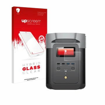 Face avant d’un emballage produit avec le logo de la marque upscreen. À côté, l’appareil EcoFlow DELTA 2 est représenté avec l