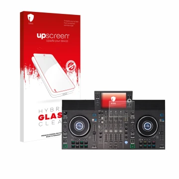 Face avant d’un emballage produit avec le logo de la marque upscreen. À côté, l’appareil Denon DJ SC LIVE 4 est représenté ave