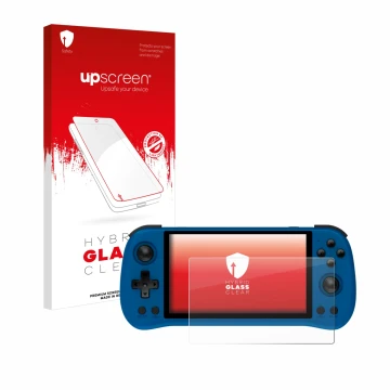 Face avant d’un emballage produit avec le logo de la marque upscreen. À côté, l’appareil Powkiddy X55 est représenté avec la p
