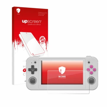 Face avant d’un emballage produit avec le logo de la marque upscreen. À côté, l’appareil Anbernic RG505 est représenté avec la