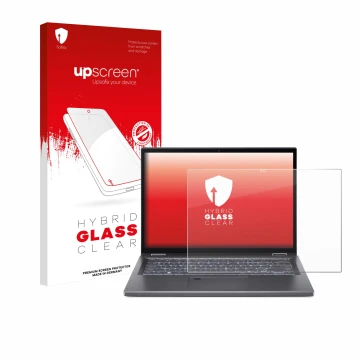 Face avant d’un emballage produit avec le logo de la marque upscreen. À côté, l’appareil Acer Aspire 5 Spin 14 est représenté 