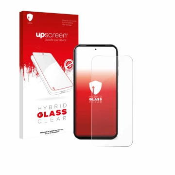 Face avant d’un emballage produit avec le logo de la marque upscreen. À côté, l’appareil Fairphone 5 est représenté avec la pr